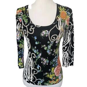 Y2K Alberto Makali Art To Wear Floral Scroll Sequin Beaded 3/4 Sleeve Top Sz M